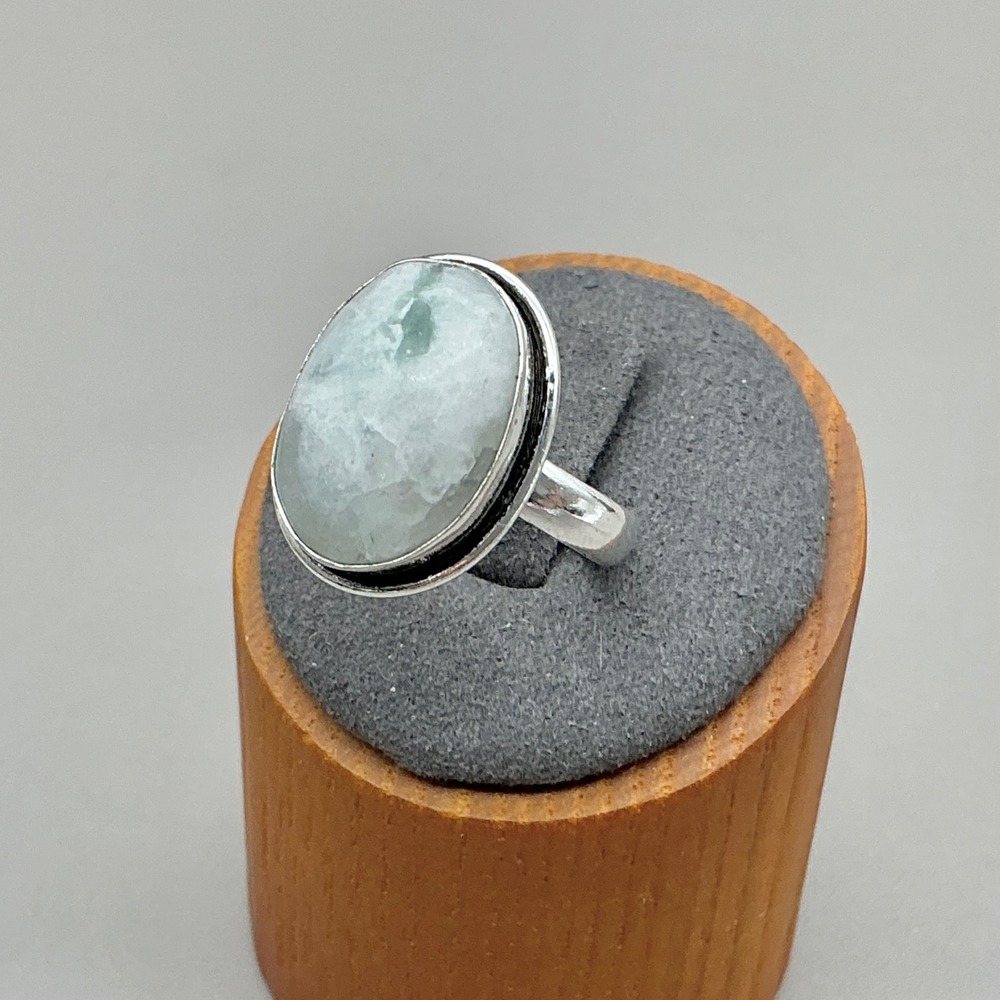 Oval Stone Statement Ring Women Silver Plated Light Blue Grey Boho Size 8.75
